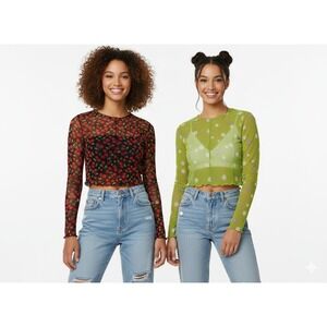 Forever 21 Cherry Floral Mesh Cropped Top Lot 2 Women's M Soft Coquette 90s Y2K